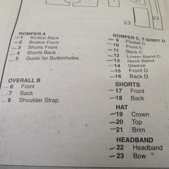 Butterick 4898 Clothing Pattern Sun Hat, Baby Romper, Overalls, Shirt, Shorts - Picture 6 of 8